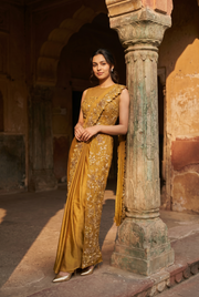 Ochre Tissue Organza Draped Saree